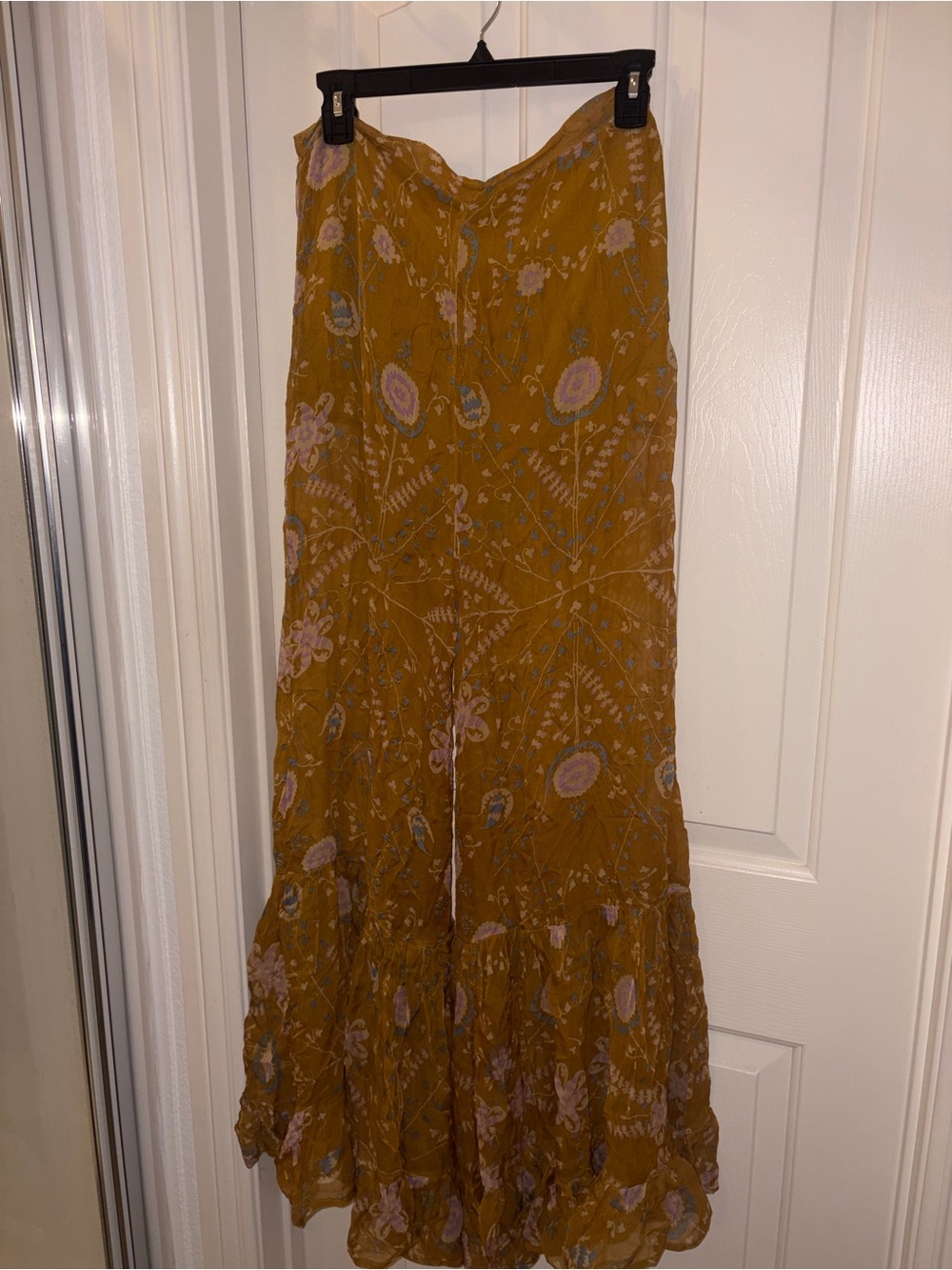 Free People Mustard Floral Wide Leg Pants with Ruffle Hem Detail